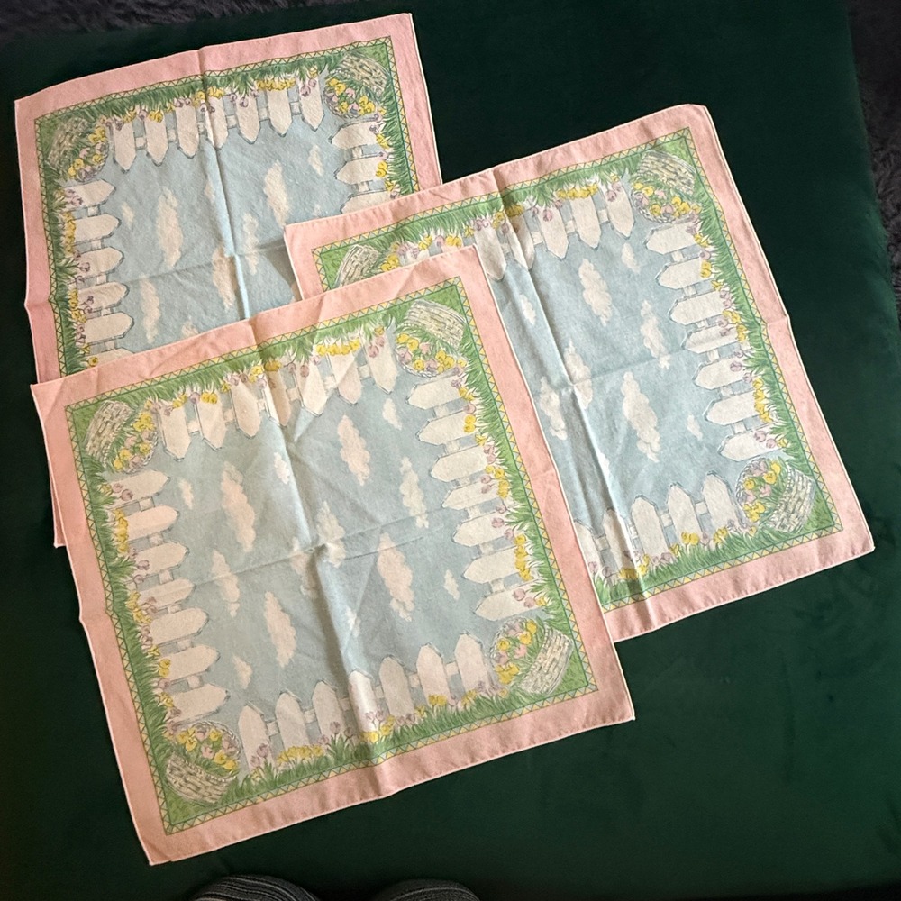 Vintage Pastel Garden Picnic Napkins Set of 3 Pink Blue White Fence Floral 16in